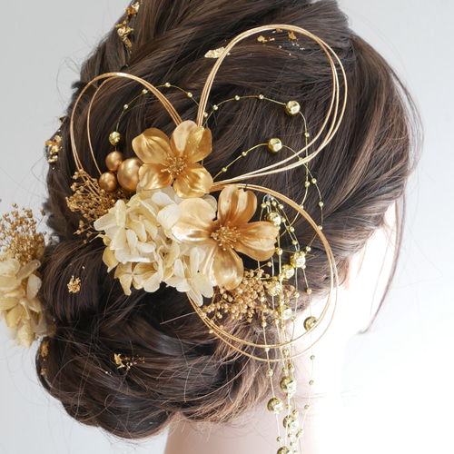 A163 ゴールド ドライフラワー 髪飾り 成人式 卒業式 振袖 結婚式 和装