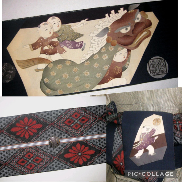 正絹半幅帯・珍しい柄(唐子の獅子舞) 414㎝・1点物・リバーシブル 和装 