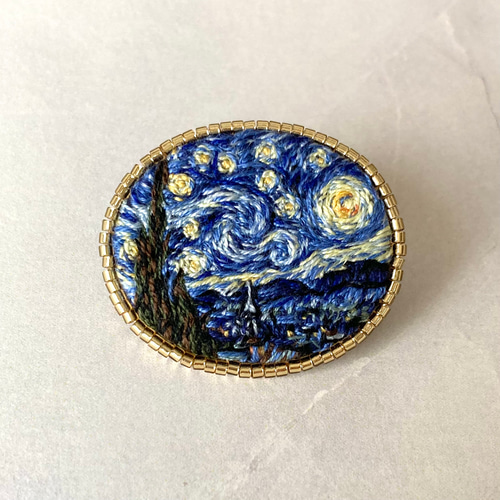 ゴッホ「星月夜」の手刺繍ブローチ ブローチ TETTENETTE(矢田文子