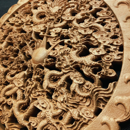 双龍戯珠 （龍・竜・雲) ２６．５ｃｍ 参次元透かし彫 楠彫刻 双龍戯珠 26.5cm（龍・竜・雲) 参次元彫刻『雅』 透かし彫 楠