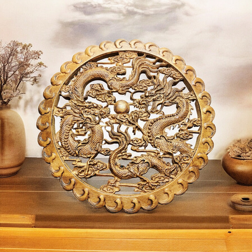 双龍戯珠 26.5cm（龍・竜・雲) 参次元彫刻『雅』 透かし彫 楠