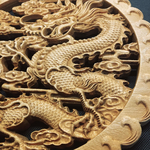 独龍戯珠 26.5cm（龍・竜・雲) 参次元彫刻『雅』透かし彫 楠彫刻