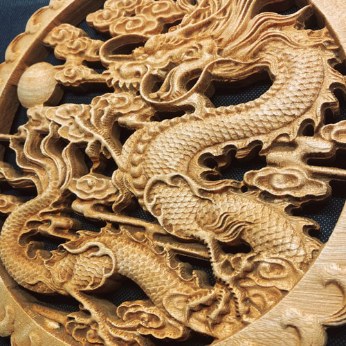 独龍戯珠 26.5cm（龍・竜・雲) 参次元彫刻『雅』透かし彫 楠彫刻