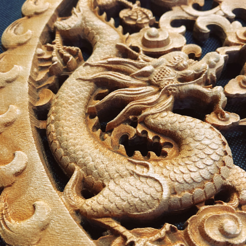 対称双龍 26.5cm（龍・竜・雲) 参次元彫刻『雅』 透かし彫 楠
