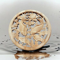 鯉が導く成功の奇跡』双魚戯蓮 26.5cm（鯉・蓮・水草) 参次元彫刻『雅