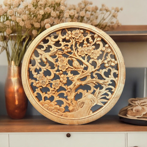 喜上眉梢 26.5cm（梅にうぐいす) 参次元彫刻『雅』 透かし彫 楠彫刻