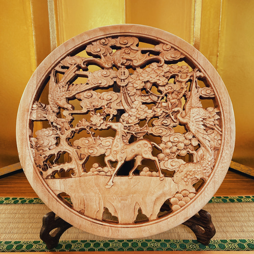 秋のバーゲンセール】福禄寿喜 26.5cm（鹿・鶴・松・蝙蝠） 参次元彫刻