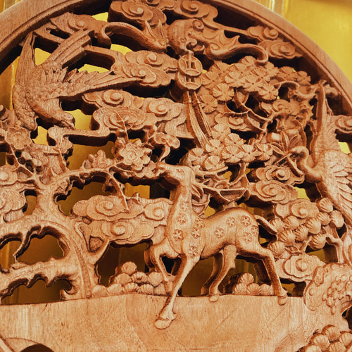 新春割】福禄寿喜 26.5cm（鹿・鶴・松・蝙蝠） 参次元彫刻『雅
