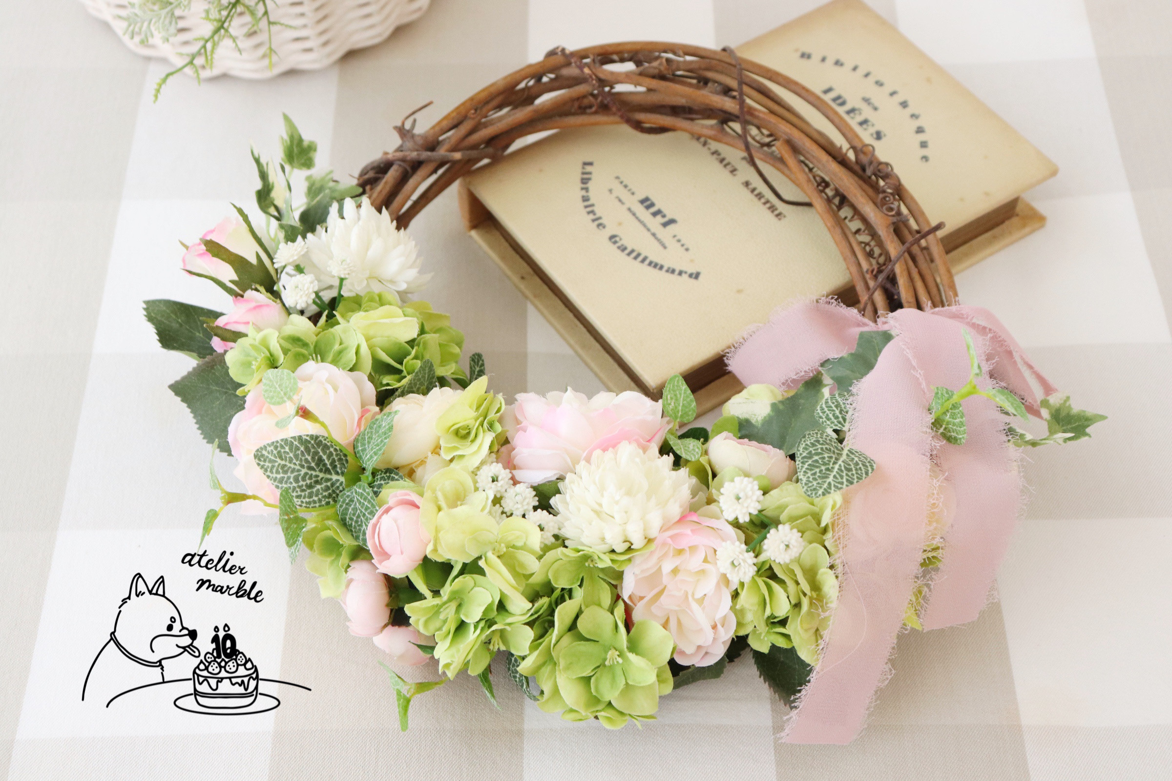 ウェディング リースブーケ  ナチュラルグリーン＆ピンク　　ブートニア付き