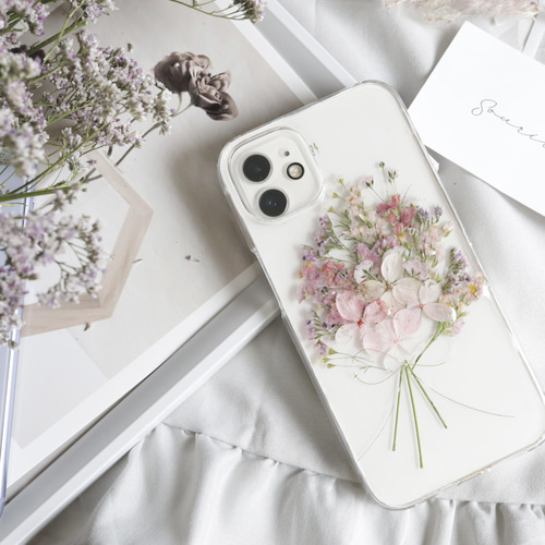 押し花 ケース キッズ携帯 ケース オーダー ナチュラルピンクのブーケ 押し花スマホケース iPhone15Android