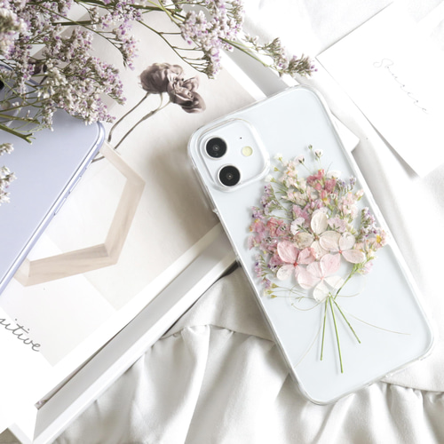 ナチュラルピンクのブーケ 押し花スマホケース iPhone15Android
