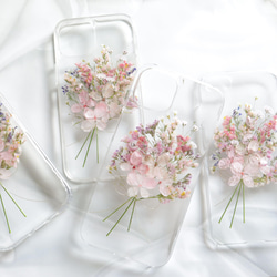 ナチュラルピンクのブーケ 押し花スマホケース iPhone15Android カスミソウ スマホケース　16e 9枚目の画像