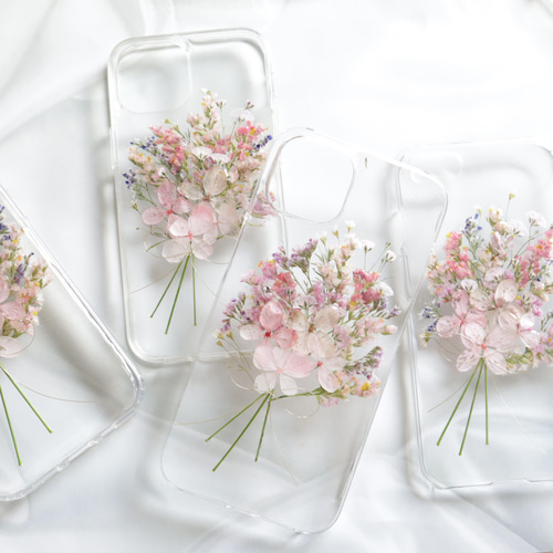 ナチュラルピンクのブーケ 押し花スマホケース iPhone15Android