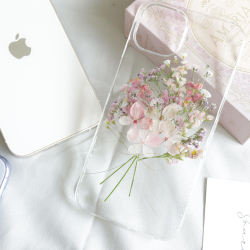 ナチュラルピンクのブーケ 押し花スマホケース iPhone15Android