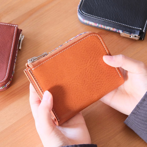 虹色L字ファスナーミニ財布 コニャック/ カラフル コンパクト&大容量