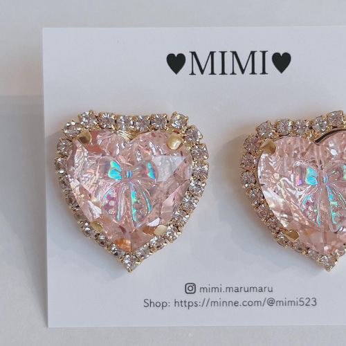 オーロラピンクリボンとパールとハートのビジューピアス/イヤリング