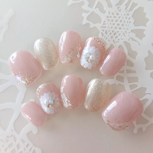 シャンパンピンク フラワーネイル /結婚式/ウェディングネイル
