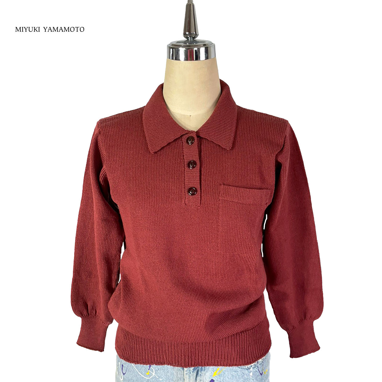 【 ニットポロ 】手洗い◎ / １点物 / ニットポロシャツ / テラコッタ / ニットウェア (No,107)