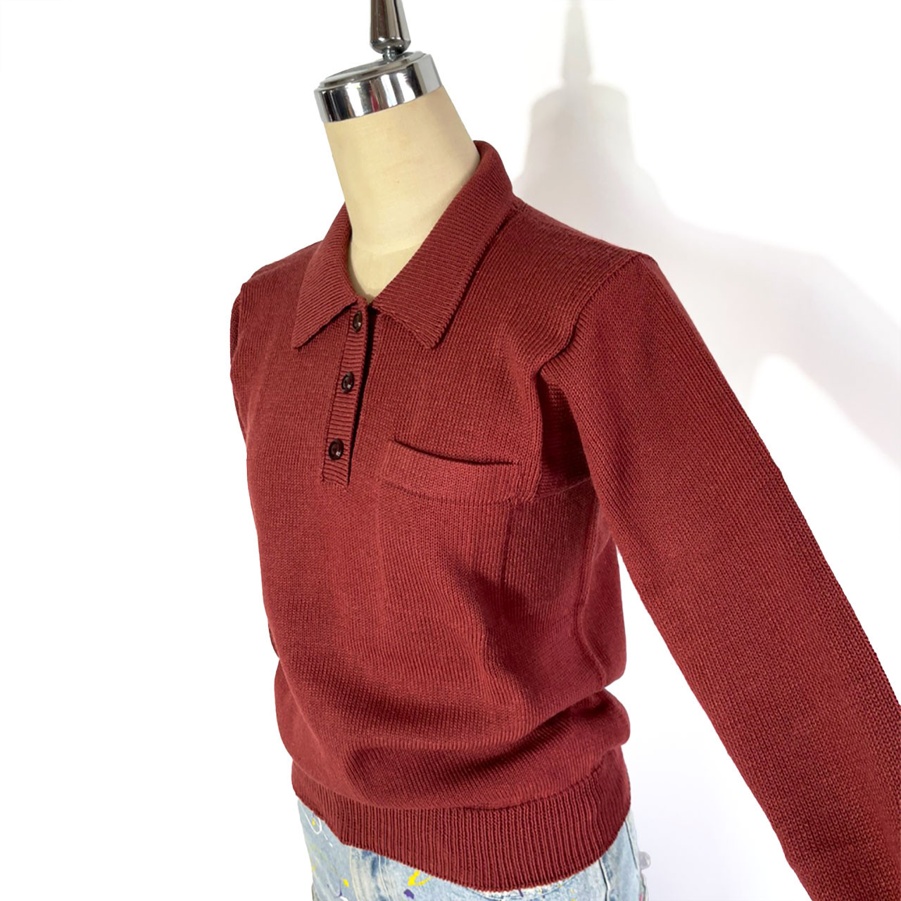 【 ニットポロ 】手洗い◎ / １点物 / ニットポロシャツ / テラコッタ / ニットウェア (No,107)