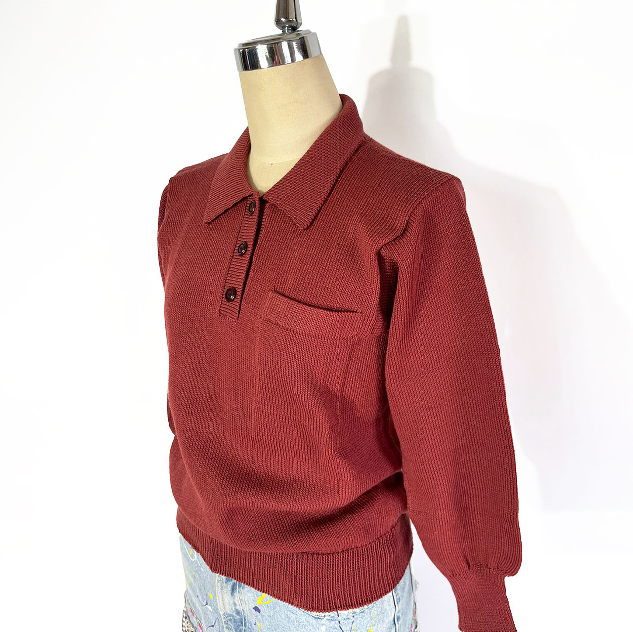 【 ニットポロ 】手洗い◎ / １点物 / ニットポロシャツ / テラコッタ / ニットウェア (No,107)
