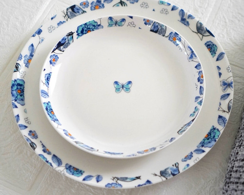 青の花と鳥を縁取ったオリエンタル調＊中皿＆小皿セット／食卓を華やか