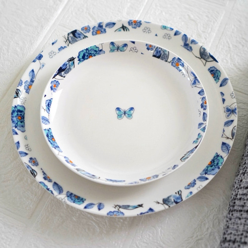 青の花と鳥を縁取ったオリエンタル調＊中皿＆小皿セット／食卓を華やか