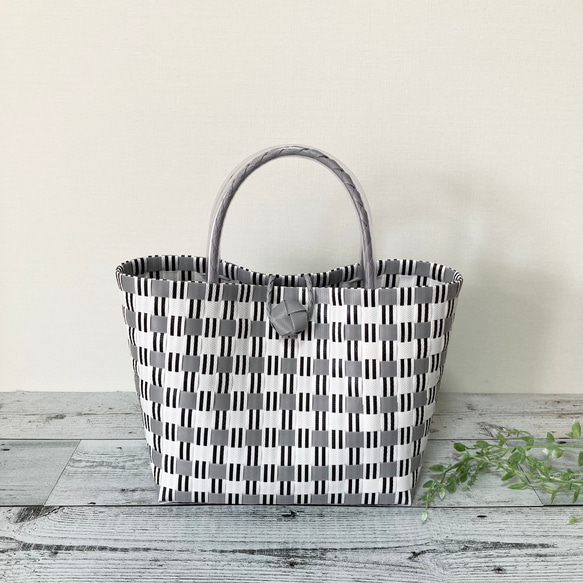 プラカゴバッグ　ppバンド ご注文品 プラかごバッグ Mサイズ グレーチェック プラカゴ プラカゴバッグ pp