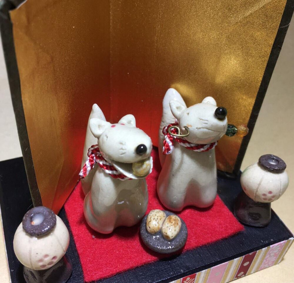 秋の新作（きつねシリーズ①）】キツネのお雛さま（嫁入り） 陶器