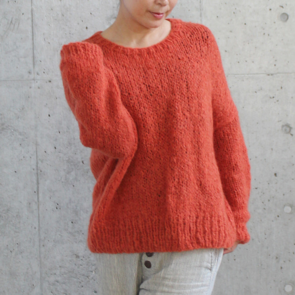 手編みモヘアショートセーター　オレンジ 4枚目の画像