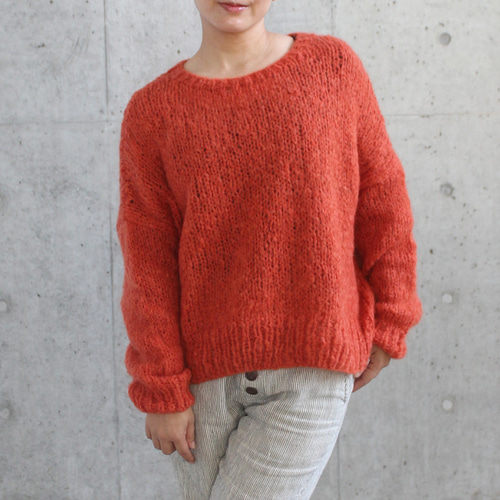 ◉軽ふわ手編みニット◉モヘアショートセーター オレンジ ニット ◉軽ふわ手編みニット◉モヘアショートセーター オレンジ ニット