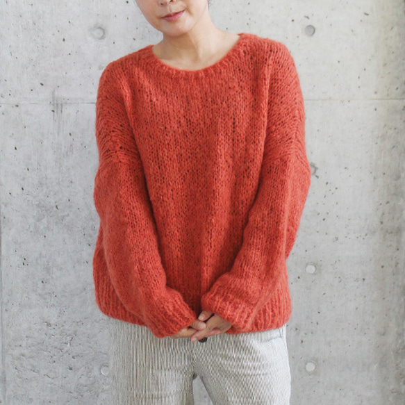 ◉軽ふわ手編みニット◉モヘアショートセーター オレンジ ニット ◉軽ふわ手編みニット◉モヘアショートセーター オレンジ ニット