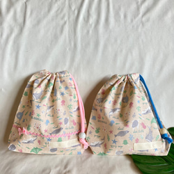 クジラ柄♡ストライプ3点セット ランチョンマット 給食袋 コップ袋 ハンドメイド クジラ柄♡ストライプ3点セット ランチョンマット 給食袋 コップ