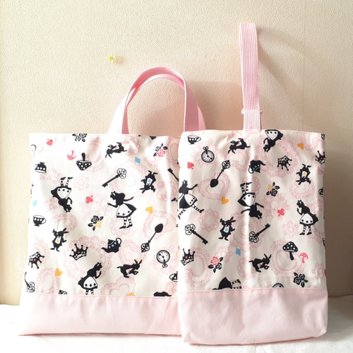 C アリス 薄ピンク 紫 ドット てさげバッグ レッスンバッグ 上履き入れ レッスンバッグ 手提げ袋 女の子 シルエット アリス 紫 レッスン