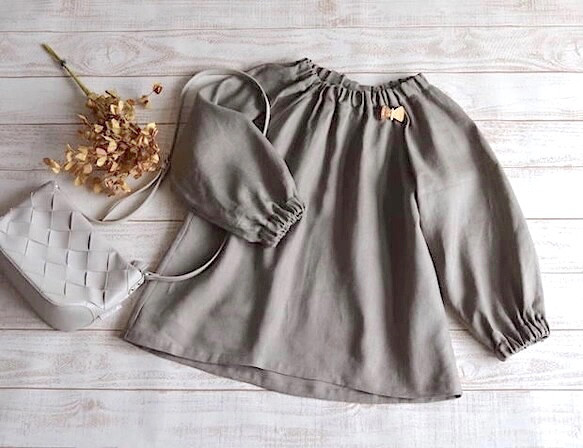 【受注制作】後ろリボン　ほどよくゆったりふんわりゴムギャザーブラウス　リネン