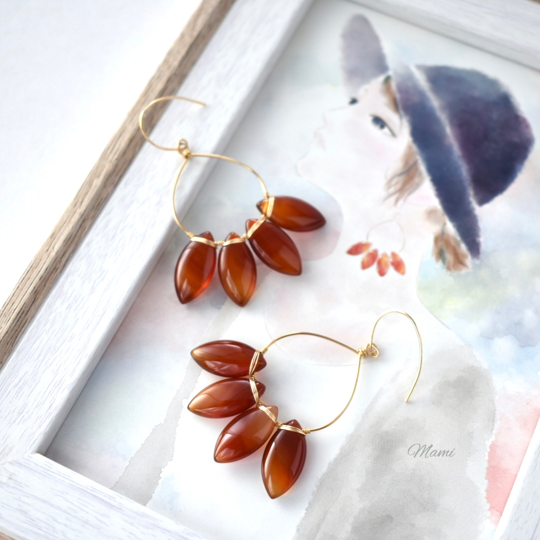 14KGF レッドアゲートのドロップラインピアス