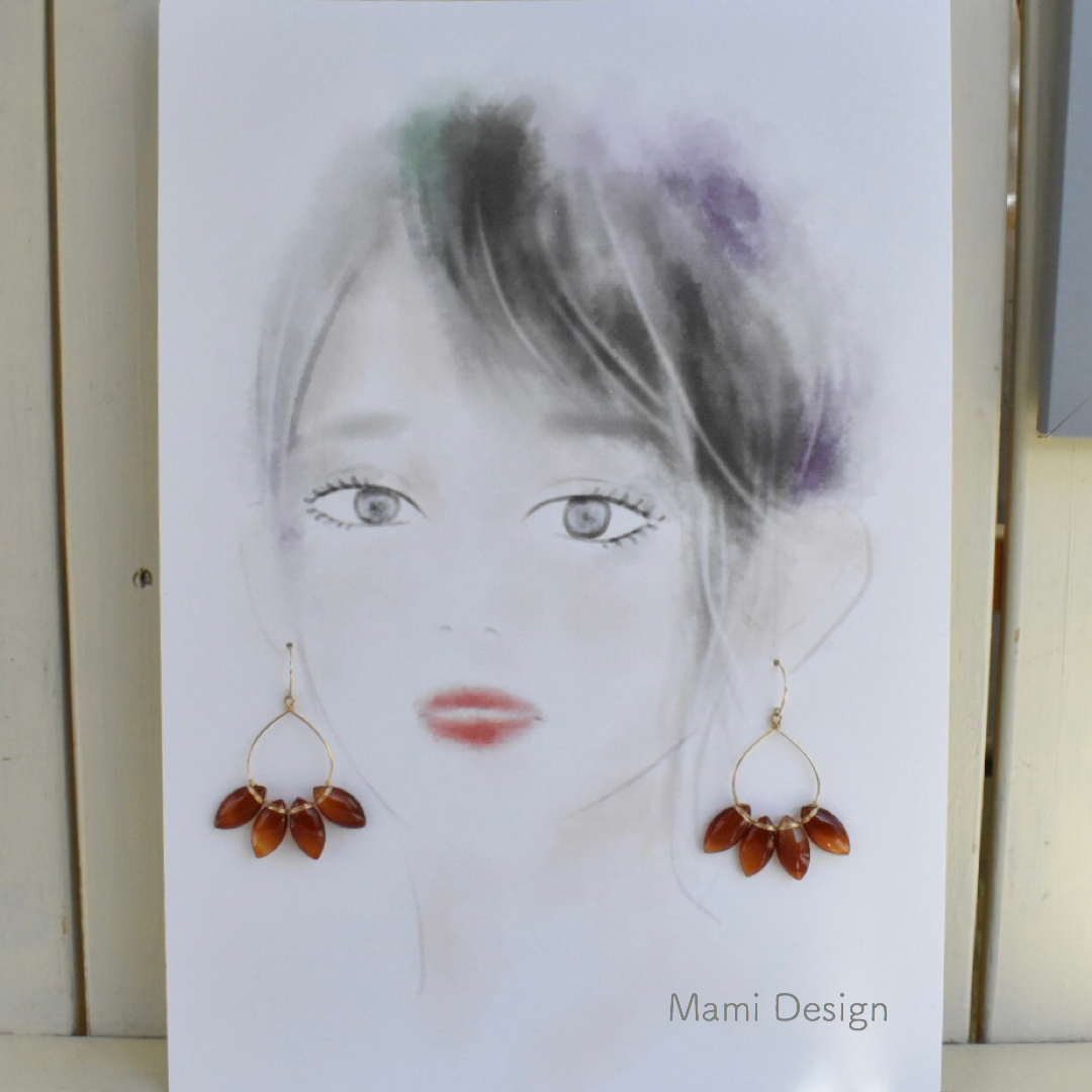 14KGF レッドアゲートのドロップラインピアス