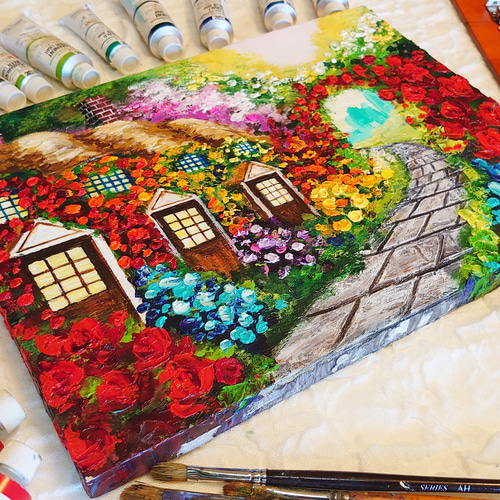 油絵 絵画【花の住宅】