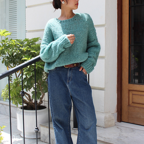 ◉軽ふわ手編みニット◉モヘアショートセーター ミント ニット