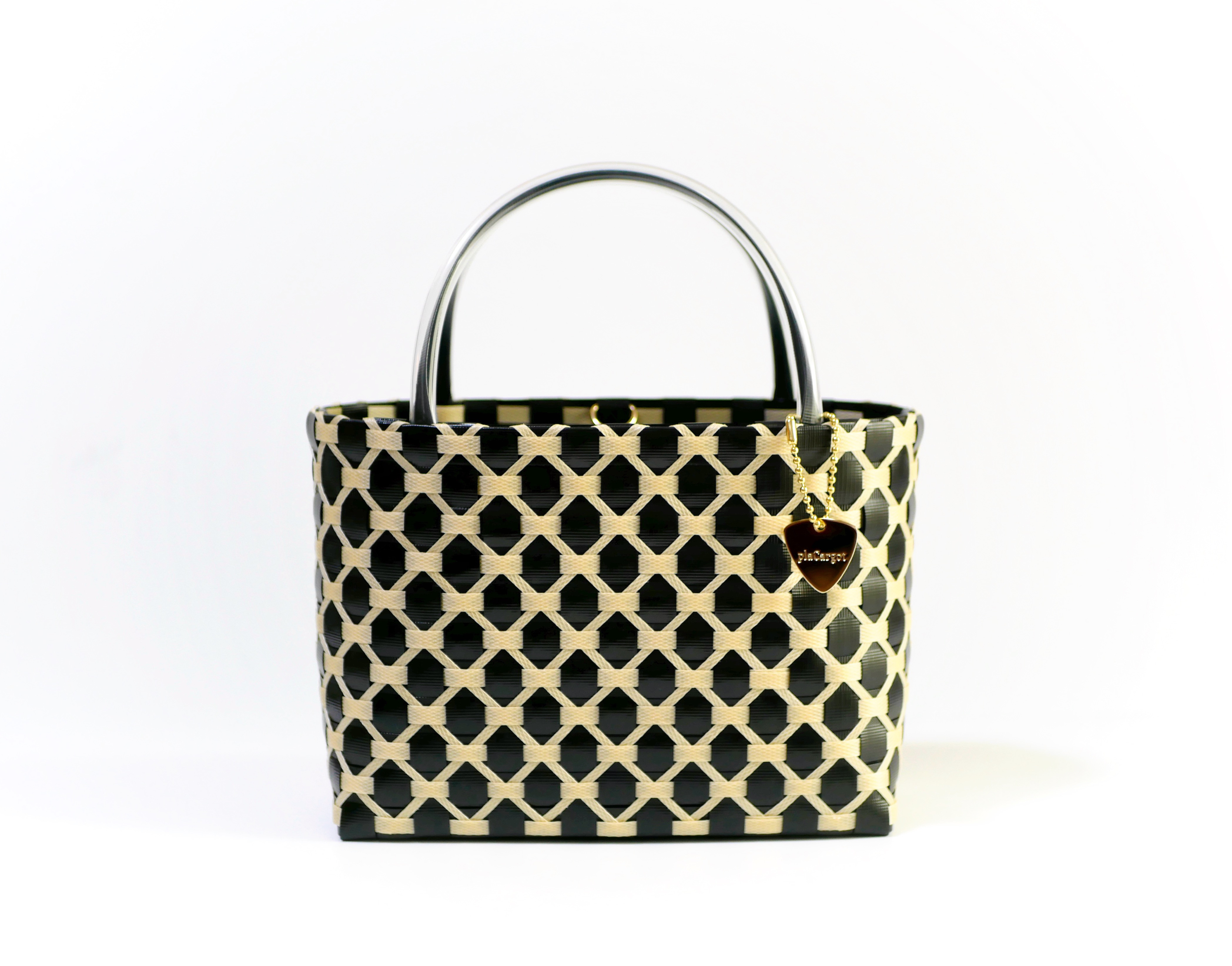 ダイヤ柄ブラック×ベージュ　S　2WAYプラカゴバッグ　　プラカゴ　かごバッグ　ミニトート　浴衣　着物