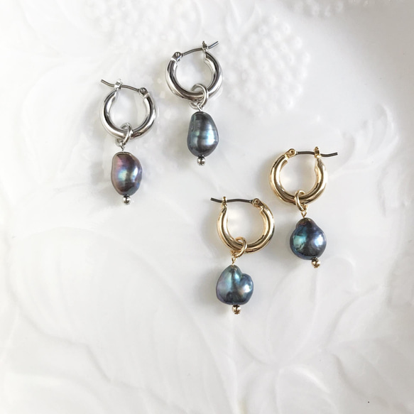 バロックパール ピアス フープピアス 黒蝶 真珠 ハンドメイド バロックパール ピアス フープピアス 黒蝶 真珠 ハンドメイド