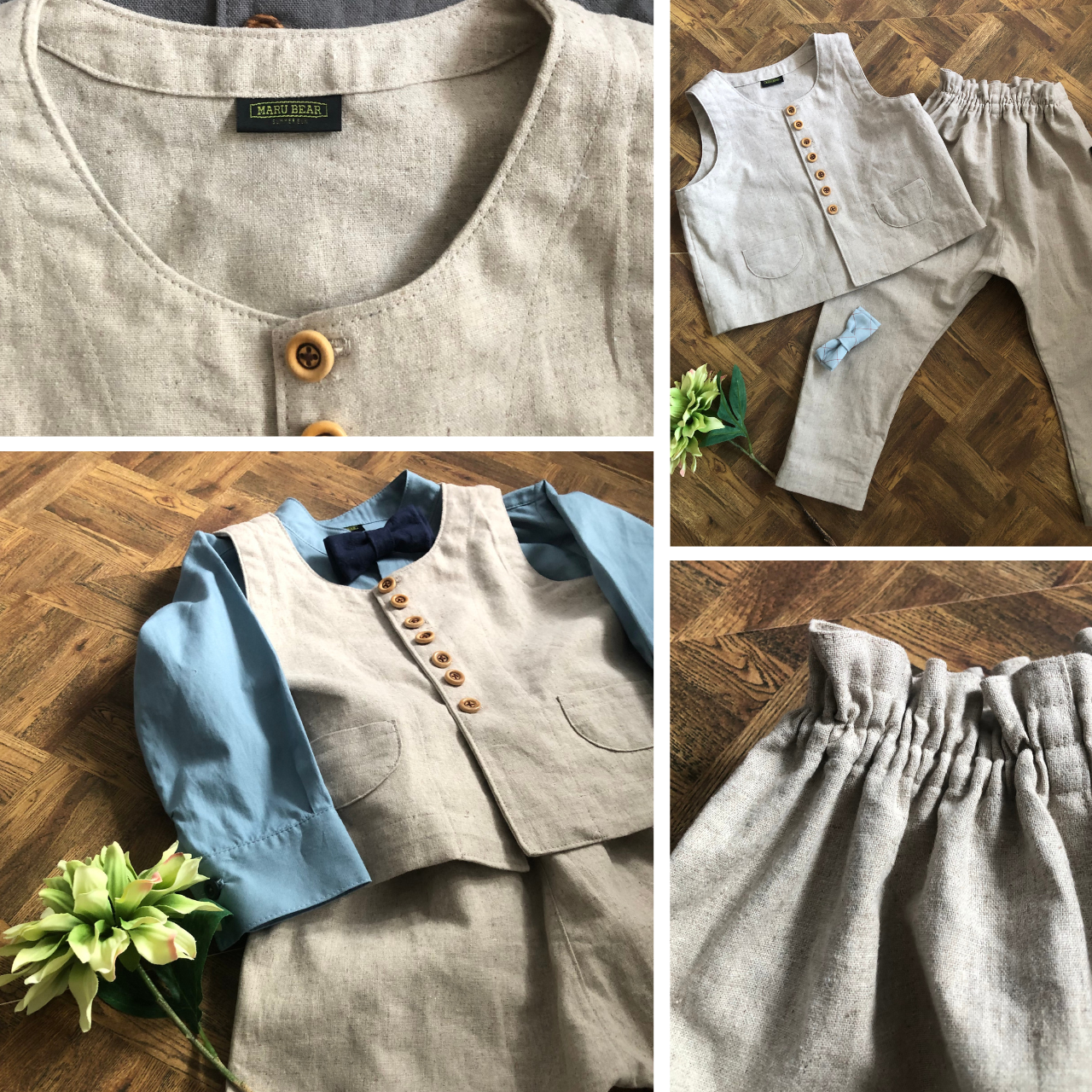 ■□木製ボタンのコットンリネンのベスト&ズボン上下セット□■