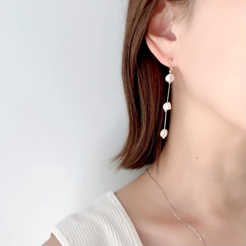 新色追加＊淡水パールの3連ピアス/イヤリング ピアス（スタッド・一粒