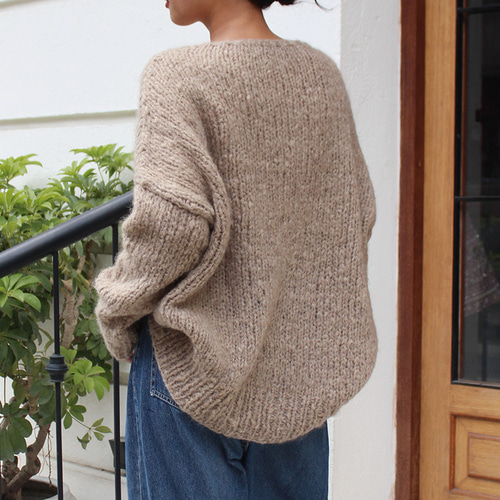 【新品】SiMPLE LiFE RENOWN ハンドメイドニット 手編み セーター トナカイ 雪 星 モミの木 長袖 毛100% M ブラウン 茶×緑 レディース ◉軽ふわ手編みニット◉モヘアショートセーター サンドベージュ