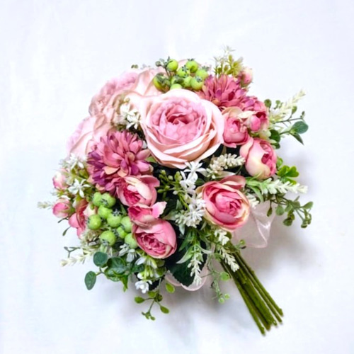 小ぶり　シンプルブーケ　モーヴピンク　バラ　リボン　ウェディングブーケ　造花 小ぶり シンプルブーケ モーヴピンク バラ リボン ウェディングブーケ 造花