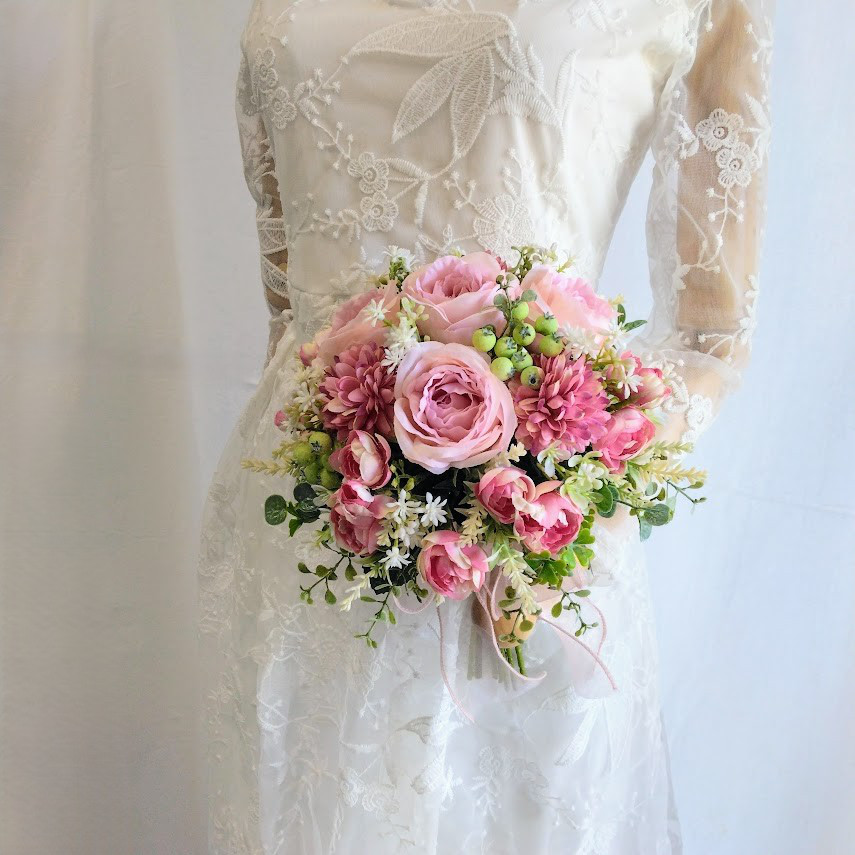 ピンクバラ と ピンポンマム の ウェディングブーケ ns936 アーティフィシャルフラワー