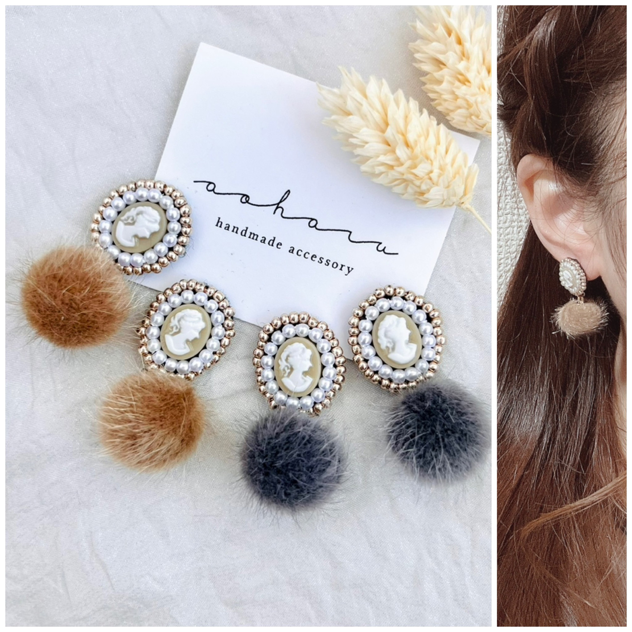 アオザイ　刺繍ビーズ　長袖シースルー&イヤリング お花ビーズ刺繍ピアス【ピンク×紺】 | asami otomo