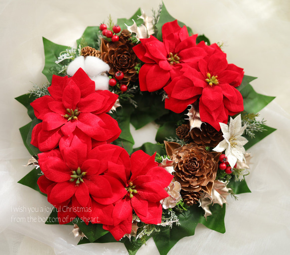 特大32㎝＊赤いポインセチアのクリスマスリース＊信州の冬の彩り＊冬