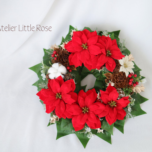 特大☆クリスマス☆ポインセチア・ダリアと赤いバラのフラワーリース☆ 特大32㎝＊赤いポインセチアのクリスマスリース｜大人上品・玄関ドア