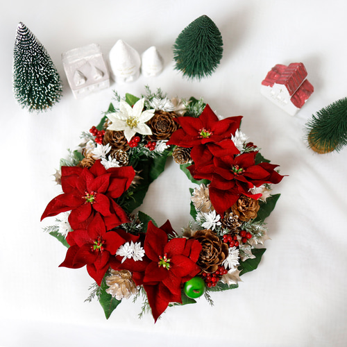 商品名【聖歌】ゆきこ♥真っ赤なポインセチアとローズの花束風スワッグリース クリスマスリース 40cm 赤 ポインセチア Xmas アーティ