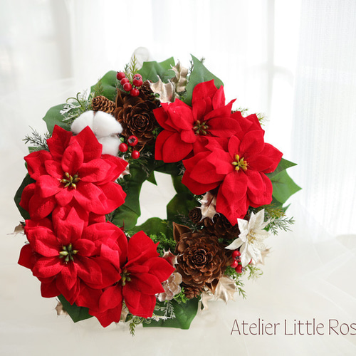 特大32㎝＊赤いポインセチアのクリスマスリース｜大人上品・玄関ドア